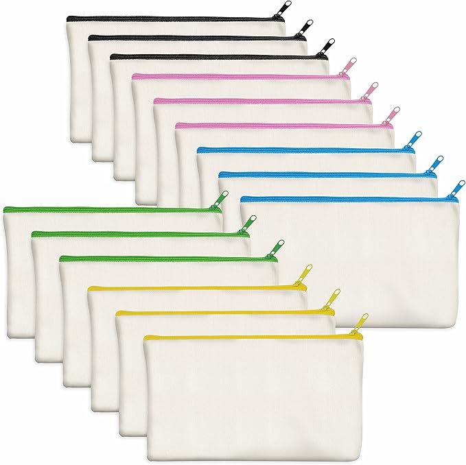 15 Pack Blank Cotton Canvas DIY Craft Zipper Bags Pouches Pencil Case for Makeup Cosmetic Toiletry Stationary Storage