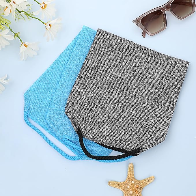 2pcs Exfoliating Back Scrubber Nylon Shower Bath Exfoliator Extended Length Body Scrub Towel Stretchable Pull Korean Washcloth Strap with Handles(Blue + Gray)
