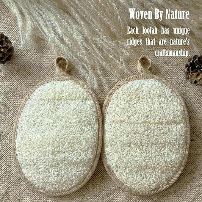 Natural Shower Loofah for Sensitive & All Skin Types, Made with Biodegradable Egyptian Luffa, Gentle Exfoliating Bath Sponge for Women & Men, Large 2 Pack Body Scrubber for Smoother Skin