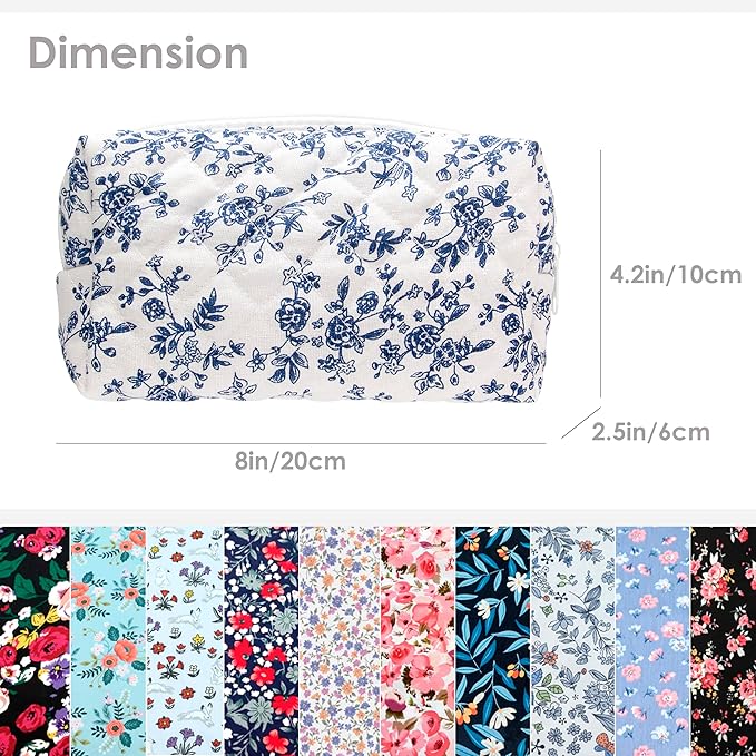 PAZIMIIK 6PCS Vintage Quilted Makeup Bag SET Cosmetic Pouch for Brushes Pencils and Travel Make Up Accessories for Women and Girls Jouy Blue