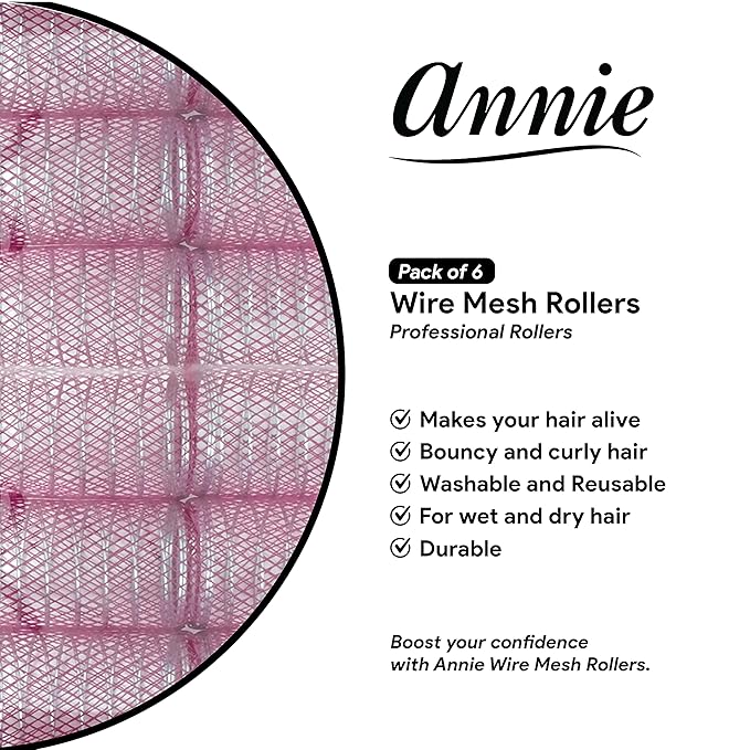 Annie Wire Mesh Rollers – Jumbo 1 3/4 Inch Hair Curlers for Maximum Volume & Body, Heatless Styling Tools for Long Hair – 6 Count (Purple)