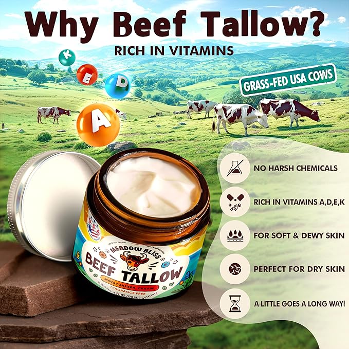 Beef Tallow for Skin - Moisturizer Cream - 100% Grass Fed - Whipped Beef Tallow - Manuka Honey - Organic Jojoba Oil, Shea Butter - Supports Eczema, Rosacea - USA - Fragrence Free - 4 oz