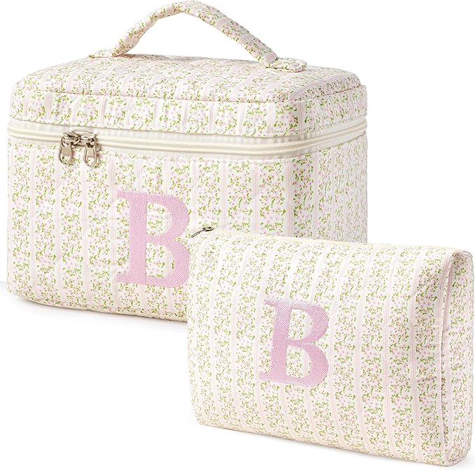 HBselect 2Pcs Initial Quilted Makeup Bag, Pink Cosmetic Travel Toiletry Bag, Flowers Coquette Zipper Make Up Pouch Organizer Teen Girl Gift Trendy Stuff B