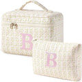 HBselect 2Pcs Initial Quilted Makeup Bag, Pink Cosmetic Travel Toiletry Bag, Flowers Coquette Zipper Make Up Pouch Organizer Teen Girl Gift Trendy Stuff B