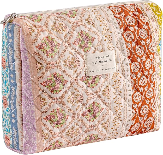 uekeboag Quilted Cotton Makeup Bag,Coquette Quilted Toiletry Bag for Women and Girls,Floral Coquette Pouch,Cute Kawaii Travel Cosmetic Bags(Brown Flower)