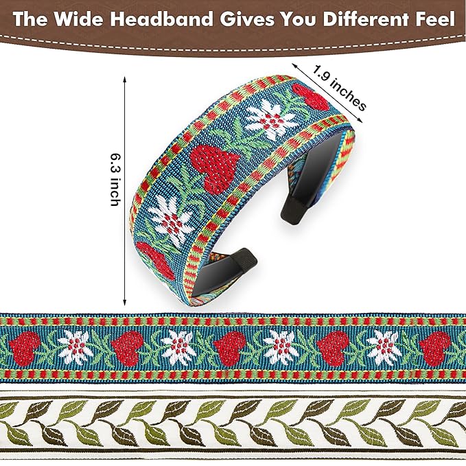EBOOT 4 Pieces Boho Headband for Women Embroidery Wide Hair Band Bohemia Floral Knotted Wide Headbands Vintage Ethnic Style Girls Accessories(Delicate Pattern)
