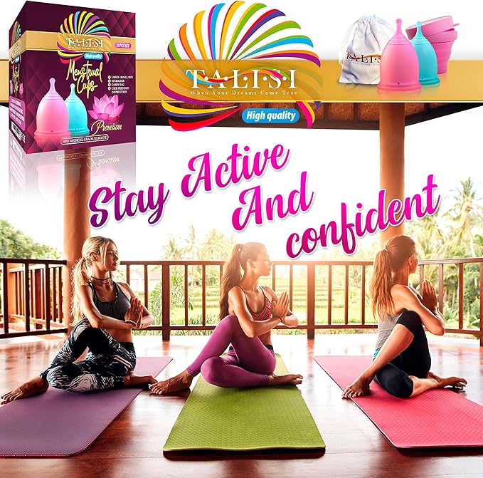 Talisi Menstrual Cups Set of 2 with Collapsible Silicone Foldable Sterilizing Cup - Tampon and Pad Alternative - Feminine Menstruation Soft Reusable Period Cup for Regular Heavy Flow with Sterilizer