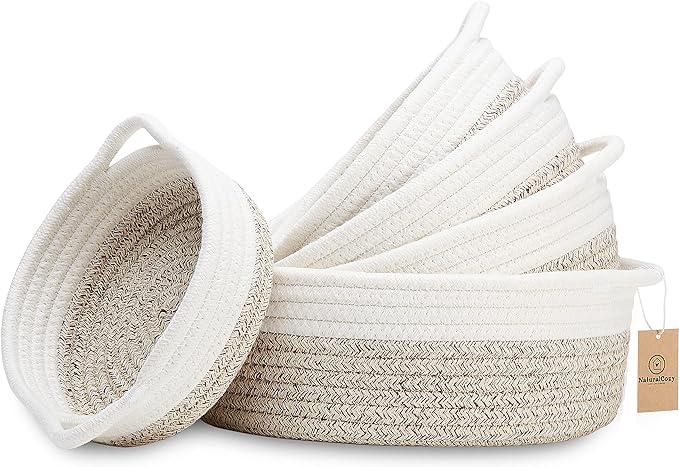 NaturalCozy 5-Piece Round Small Woven Baskets Set– Cotton Rope Baskets for Organizing! Montessori Toys, Fruits Remotes Key Tray Bowl for Entryway Desk, Shallow Catchall Home Décor, Cat Dog Bin Gift