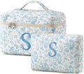 HBselect 2Pcs Initial Makeup Bag, Quilted Makeup Bag, Cotton Large Travel Makeup Bag, Cute Floral Coquette Make up Bag Cosmetic Bag Toiletry Bag for Women Girls S