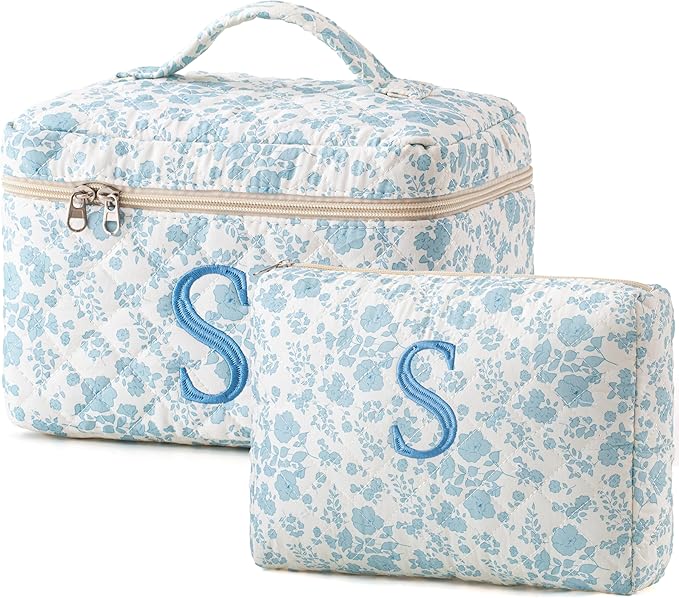 HBselect 2Pcs Initial Makeup Bag, Quilted Makeup Bag, Cotton Large Travel Makeup Bag, Cute Floral Coquette Make up Bag Cosmetic Bag Toiletry Bag for Women Girls S
