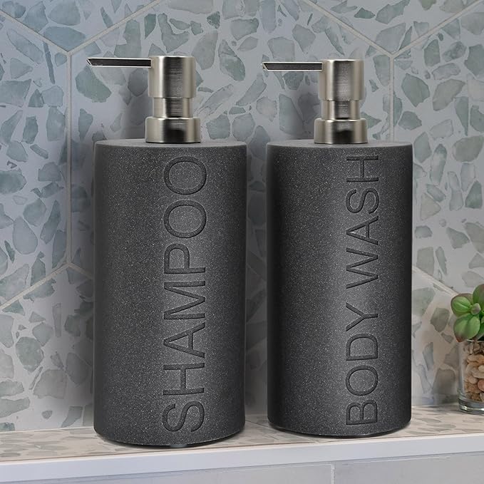 Resin 2 Pack Shampoo, Conditioner or Body Wash Dispenser Set, Luxurious Refillable Pump Bottles with Matte Pump Top and Embossed Text, Durable Design for Bathroom and Shower
