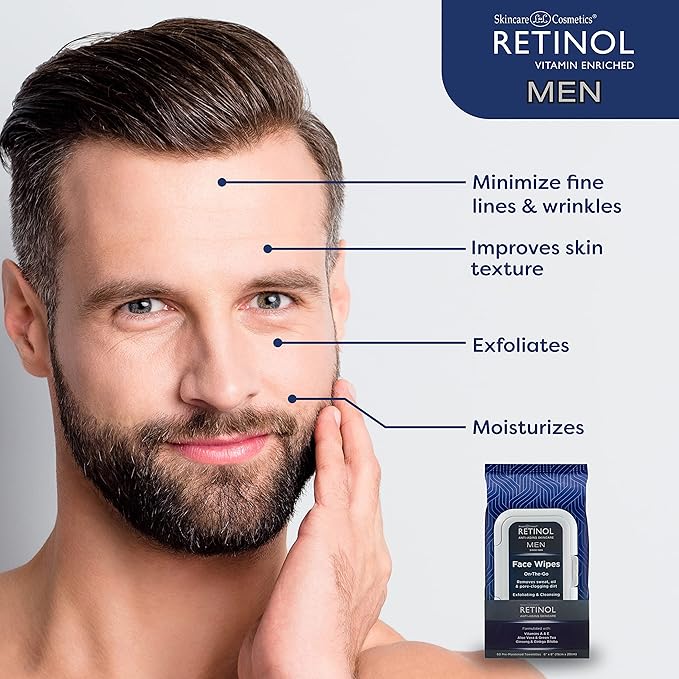 LIVAURA Retinol Men Facial Wipes Anti-Aging Cleansing Towelettes - Quickly cleanse face from sweat, oil and pore-clogging dirt without any heavy residue (60 Count (Pack of 1))