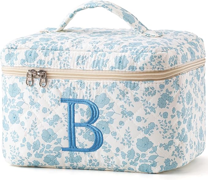 HBselect Initial Quilted Makeup Bag, Cotton Large Travel Makeup Bag, Cute Floral Coquette Make up Bag Cosmetic Bag Toiletry Bag for Women Girls B