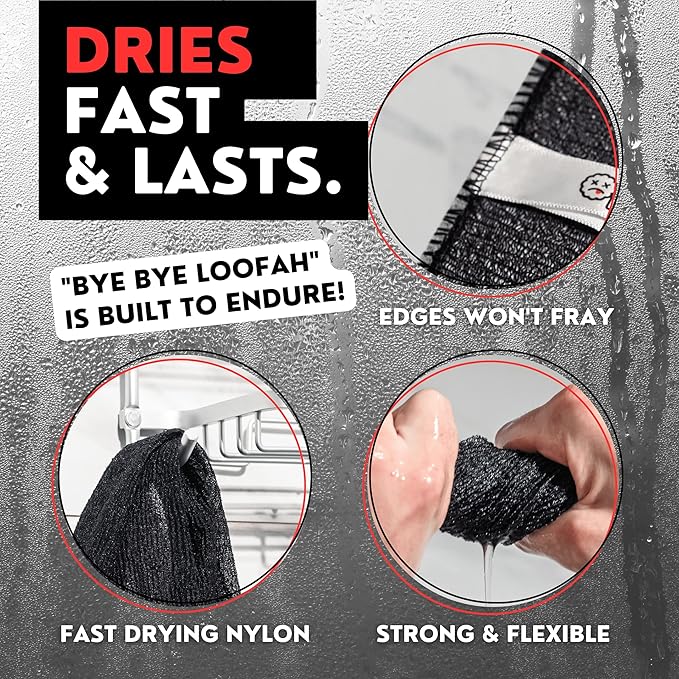 Extra Rough Exfoliating Washcloth - Extreme Body & Back Scrubber for Shower, Extra Long, Hygienic Exfoliator Wash Cloth, Men Or Women, 2 Count Pack, 1 Black & 1 Grey Color, Bye Bye Loofah