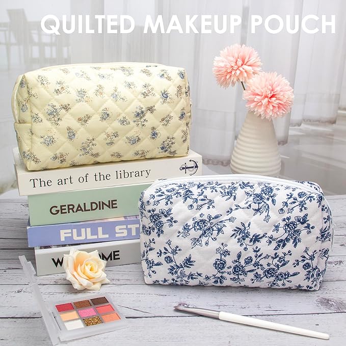 PAZIMIIK 2PCS SET Vintage Quilted Makeup Bag Cosmetic Pouch for Brushes Pencils and Travel Make Up Accessories for Women and Girls Jouy Blue