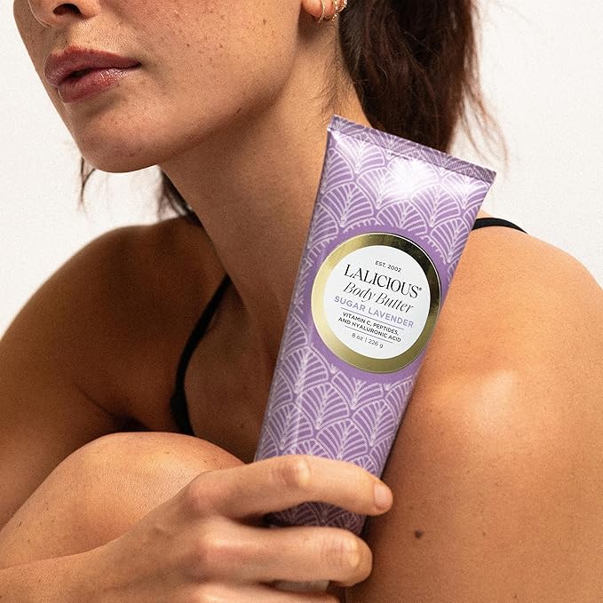 LaLicious Sugar Lavender Body Butter - Hydrating Body & Skin Moisturizing Cream with Whipped Shea Butter, Vitamin E, Cucumber Extract & Apricot Oil - No Parabens (8oz)