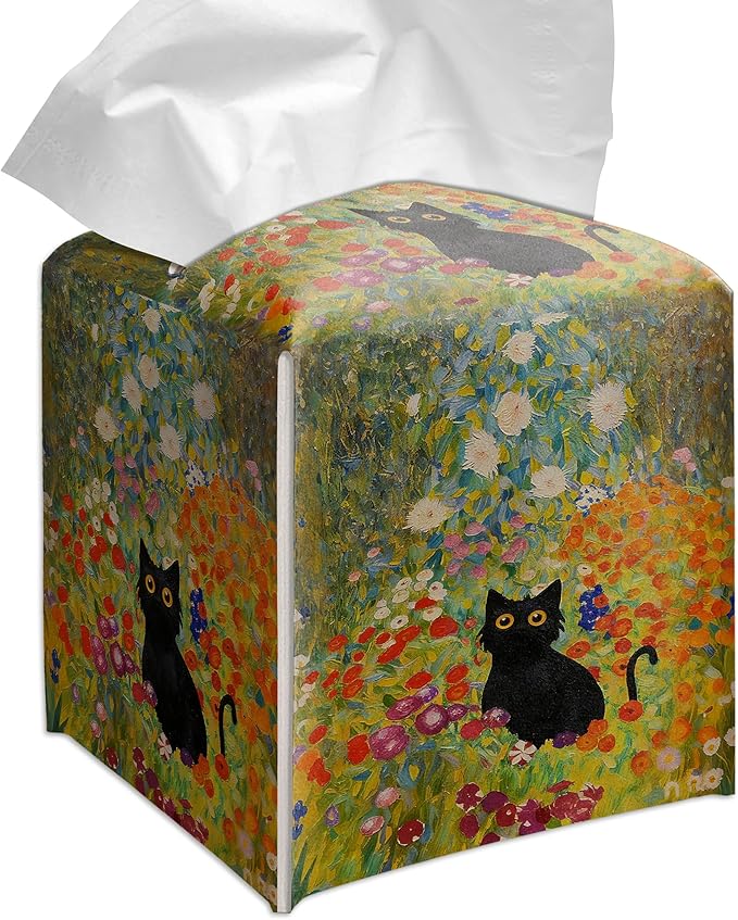 Grace Yonks Art Tissue Box Cover Square - Black Cat in Wildflower Garden Design 5.2" PU Leather Holder for Vanity, Desk, or Bathroom Counter - Cube Case for Facial Tissues. (120)
