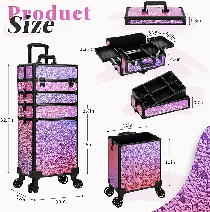 Profesional Rolling Makeup Train Case with Lid, 5 in 1 Cosmetology Case on Wheels, Large Cosmetic Trolley Organizer Travel for Hairstylist Artist Nail Beauty Salon Barber, Gravel Pink
