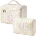 HBselect 2Pcs Initial Quilted Makeup Bag, Pink Cosmetic Travel Toiletry Bag, Flowers Coquette Zipper Make Up Pouch Organizer Teen Girl Gift Trendy Stuff G