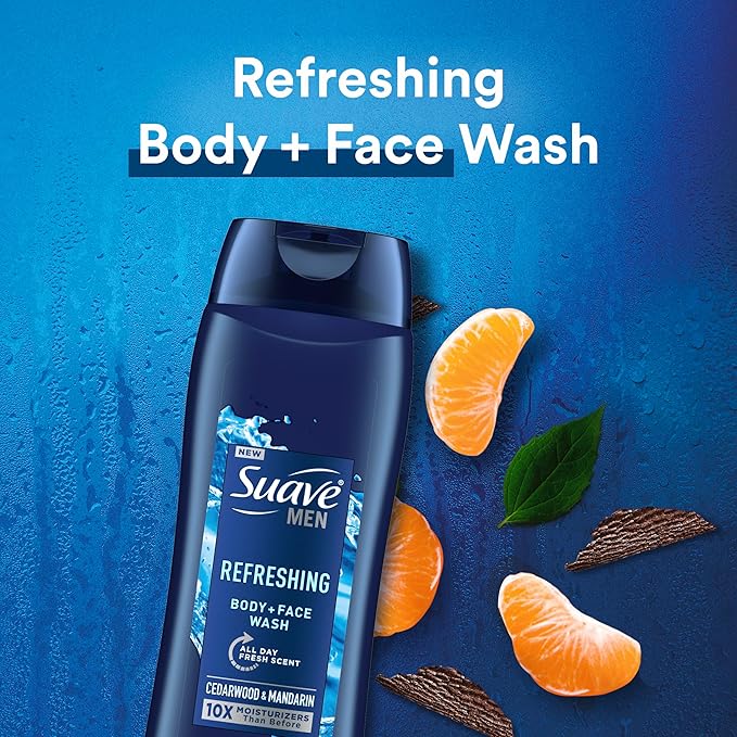Suave Men Moisturizing Body & Face Wash, With Cedarwood and Mandarin Scent, No Parabens, No Phtahaltes, 18 Oz Pack of 12