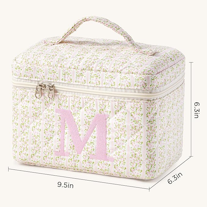 HBselect Initial Quilted Makeup Bag, Pink Cosmetic Travel Toiletry Bag, Flowers Coquette Zipper Make Up Pouch Organizer Teen Girl Gift Trendy Stuff M