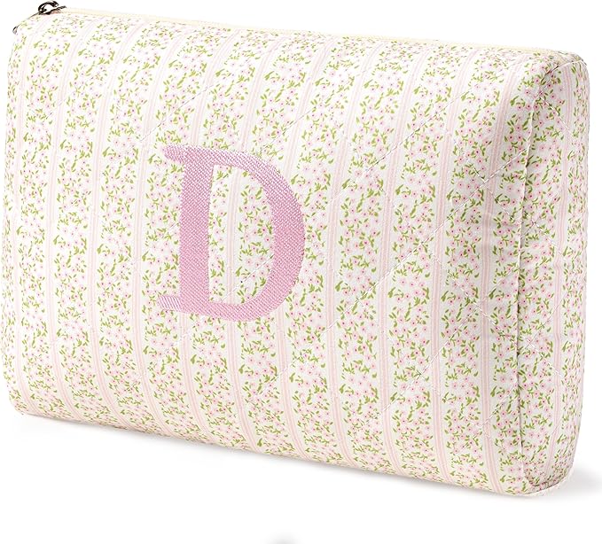 HBselect Initial Quilted Makeup Bag, Pink Cosmetic Travel Toiletry Bag, Flowers Coquette Zipper Make Up Pouch Organizer Teen Girl Gift Trendy Stuff D