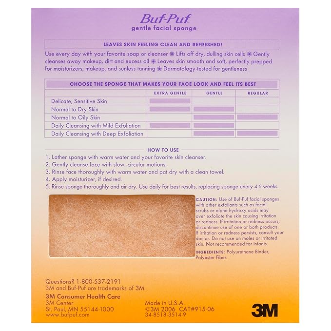 Buf-Puf Gentle Facial Sponge, Dermatologist Developed, Removes Deep Down Dirt & Makeup That Causes Breakouts and Blackheads, Reusable, Exfoliating, 2 Count
