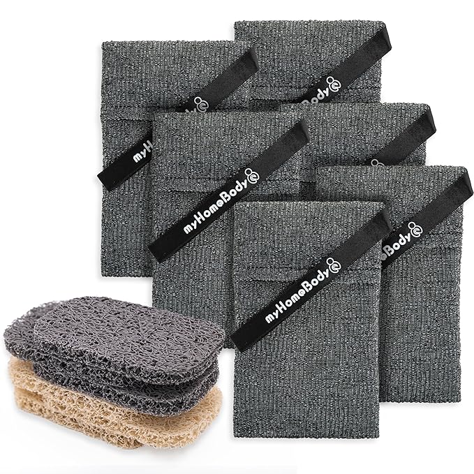 myHomeBody Soap Pocket Exfoliating Pouch, Body Scrubber Sponge, Exfoliator for Bath, Shower or Leftover Bits Saver, Graphite Gray, 6 Pack + 6 Lift Pads