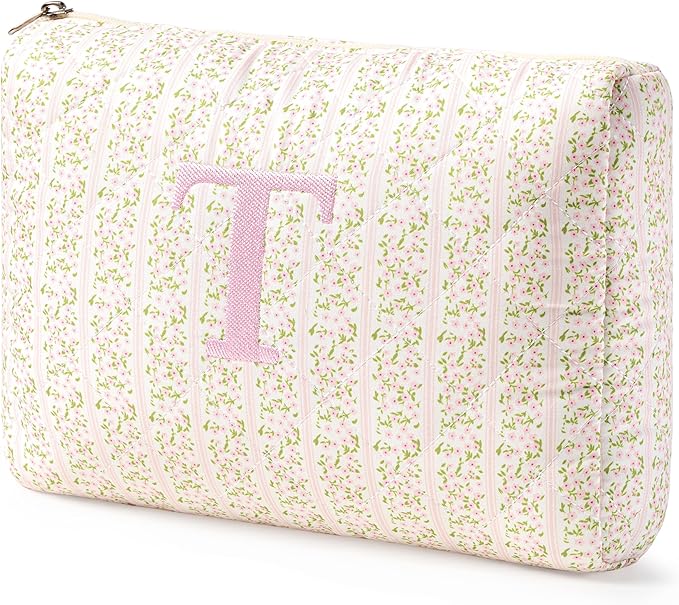 HBselect Initial Quilted Makeup Bag, Pink Cosmetic Travel Toiletry Bag, Flowers Coquette Zipper Make Up Pouch Organizer Teen Girl Gift Trendy Stuff T
