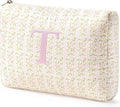 HBselect Initial Quilted Makeup Bag, Pink Cosmetic Travel Toiletry Bag, Flowers Coquette Zipper Make Up Pouch Organizer Teen Girl Gift Trendy Stuff T