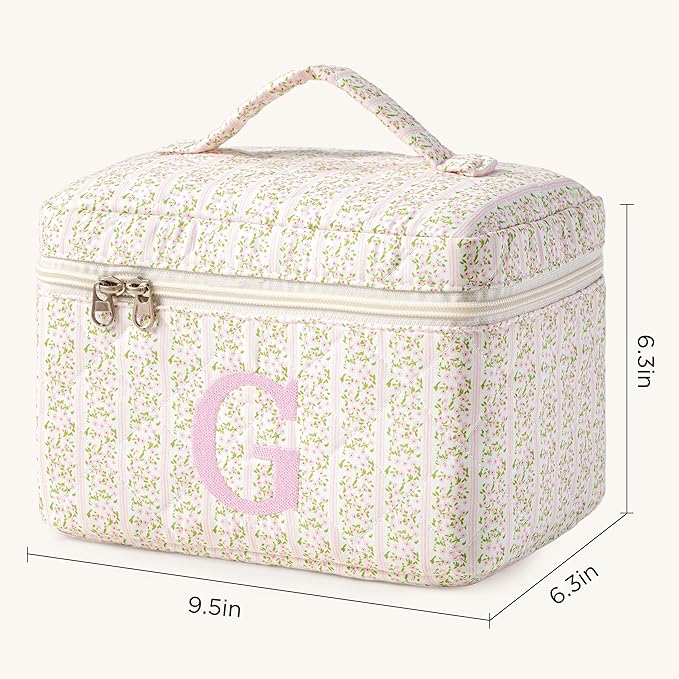 HBselect Initial Quilted Makeup Bag, Pink Cosmetic Travel Toiletry Bag, Flowers Coquette Zipper Make Up Pouch Organizer Teen Girl Gift Trendy Stuff G