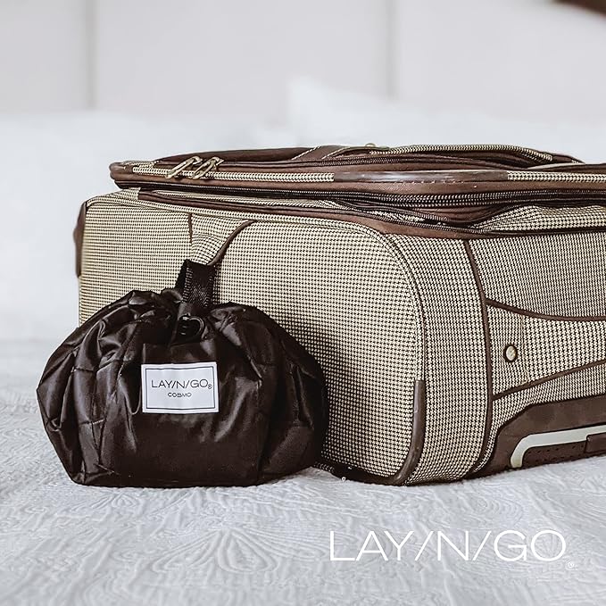 Lay-n-Go Cosmo Layflat Drawstring Cosmetic & Makeup Bag Organizer w/Zipper Pocket, Brush Loops & More, Cinch to Close, Lay Flat to Use, Durable, Machine Wash, Travel Toiletry Bag (20", Lips/Black)