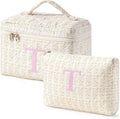 HBselect 2Pcs Initial Quilted Makeup Bag, Pink Cosmetic Travel Toiletry Bag, Flowers Coquette Zipper Make Up Pouch Organizer Teen Girl Gift Trendy Stuff T