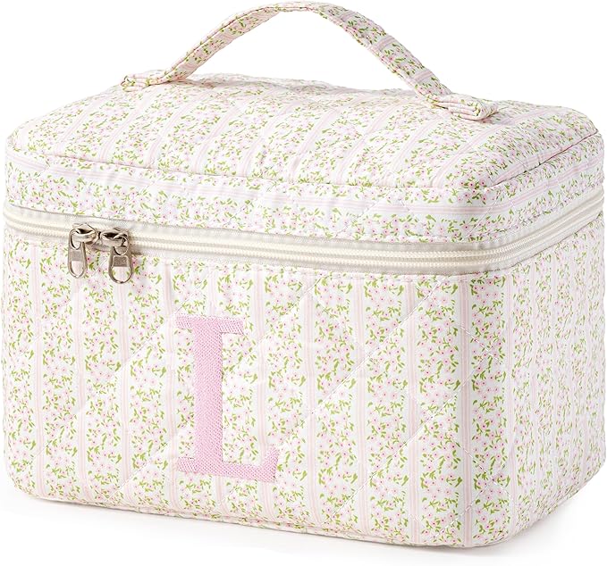 HBselect Initial Quilted Makeup Bag, Pink Cosmetic Travel Toiletry Bag, Flowers Coquette Zipper Make Up Pouch Organizer Teen Girl Gift Trendy Stuff L