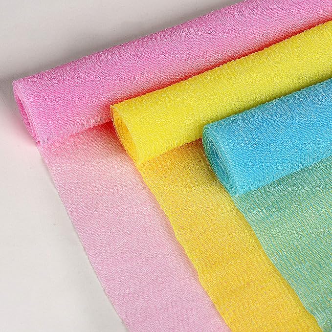 ARCH&M Exfoliating Washcloth Body Scrubber Back Scrubber for Shower Japanese Beauty Washcloth Bath Wash Cloth Korean Exfoliation Luffah Towel Net Sponge Loofah Body Scrub 3 Pack (Peach x 3)