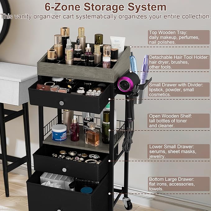 Makeup Organizer Cart with 3 Drawers & Detachable Hair Tool Holder, Rolling Cosmetic Storage Cart with Adjustable Dividers, Lockable Wheels for Bathroom, Bedroom Vanity, Black & Grey