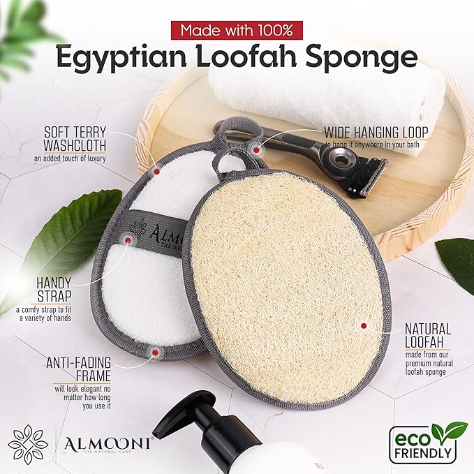 Sturdy Natural Loofah for Men, The Ultimate Men's Loofah Body Scrubber Made with Natural Egyptian Shower luffa Sponge, Bath Shower Sponge lufas for Men - 2 Count (1 Pack) - Gray