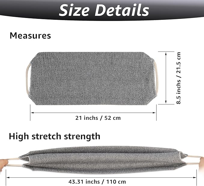 Extended Exfoliating Back Scrubber with Handles, Nylon Cleaning Exfoliator Washcloth for Body, Stretchable Pull Strap Soft Quick-Drying Rough Scrub Towel, Grey