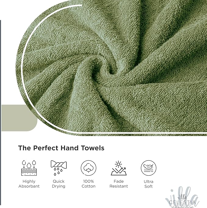 100% Cotton Hand Towel Set of 4, (16 x 28 inches) Sustainable, Soft, Highly Absorbent, Quick Drying, Combed Cotton Hand Towels Pack of 4 Ideal for Hotels, Spa, Bathroom, Dorm, Sage