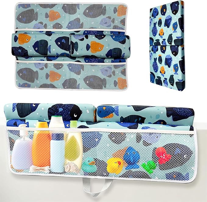 TubbieBuddies Bath Kneeler and Elbow Rest Pad Set – Fish-Themed Baby Bath Cushion with 4 Large Mesh Storage Pockets – Thick Non-Slip Foam, Suction Cups, & Foldable for Easy Storage