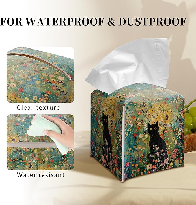 Grace Yonks Cute Tissue Box Cover Square - Black Cat in Whimsical Flower Garden Print Design 5.2" PU Leather Holder for Vanity, Desk, or Bathroom Counter - Cube Case for Facial Tissues(025)