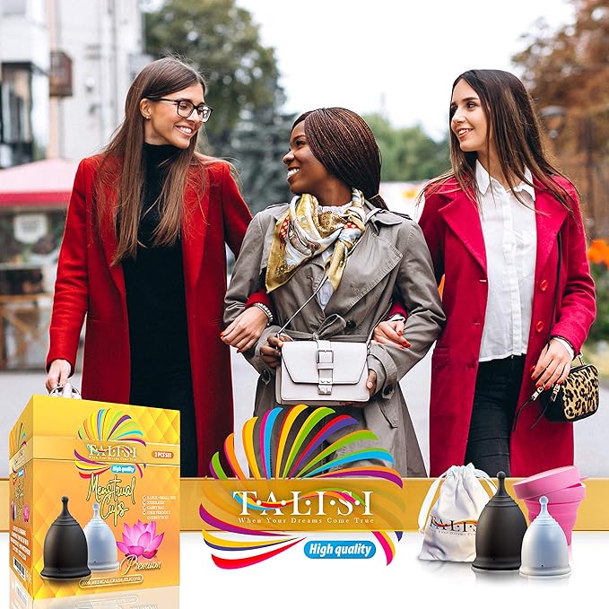 Talisi Menstrual Cups with Foldable Silicone Sterilizer - Soft Reusable Period Starter Kit - Feminine Menstruation Set - Alternative to Tampon Pad Disc - Light & Heavy Flow (Small & Large)