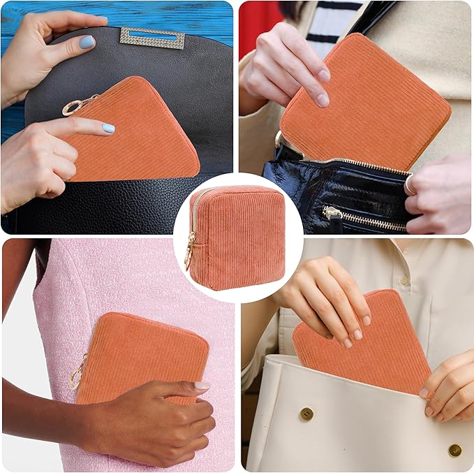 Period Bag for Girls, Corduroy Sanitary Napkin Storage Bag, Period Pouch & Tampon Holder, Feminine Care Organizer（Orange）