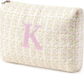 HBselect Initial Quilted Makeup Bag, Pink Cosmetic Travel Toiletry Bag, Flowers Coquette Zipper Make Up Pouch Organizer Teen Girl Gift Trendy Stuff K