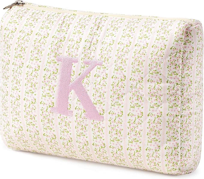 HBselect Initial Quilted Makeup Bag, Pink Cosmetic Travel Toiletry Bag, Flowers Coquette Zipper Make Up Pouch Organizer Teen Girl Gift Trendy Stuff K