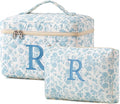 HBselect 2Pcs Initial Quilted Cotton Large Travel Cute Floral Coquette Makeup Cosmetic Toiletry Bag for Women Girls