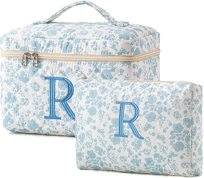 HBselect 2Pcs Initial Quilted Cotton Large Travel Cute Floral Coquette Makeup Cosmetic Toiletry Bag for Women Girls