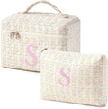 HBselect 2Pcs Initial Quilted Makeup Bag, Pink Cosmetic Travel Toiletry Bag, Flowers Coquette Zipper Make Up Pouch Organizer Teen Girl Gift Trendy Stuff S
