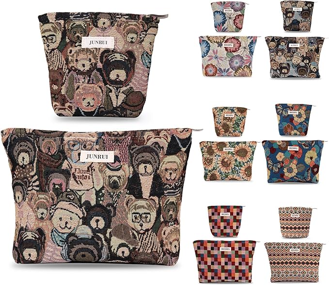 2PCS Makeup Bag Small Cute Cosmetic Bags for Women，Bear Pattern Travel Toiletry Bag for Purse, Large Canvas Cosmetic Pouch Makeup Organizer Tool Pouch with Zipper（Bear Brown）