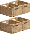 UBBCARE 4 Pack Wicker Basket, 13.4L×8.3H×7.1W inch Woven Paper Rope Storage Baskets for shelves, Foldable Rectangular Storage Baskets with Handle, Storage Basket for Organizing, Natural
